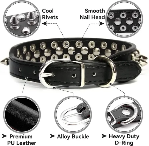 Vista 3 de Serijoars Collar para perro con tachuelas, de piel sintética suave con clavos de hongos, ajustable, para cachorros (XS, Negro)