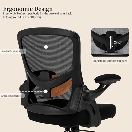 Vista 8 de Silla de oficina ergonómica, cómoda silla de escritorio con brazos abatibles, silla de computadora de malla con soporte lumbar ajustable, sillas