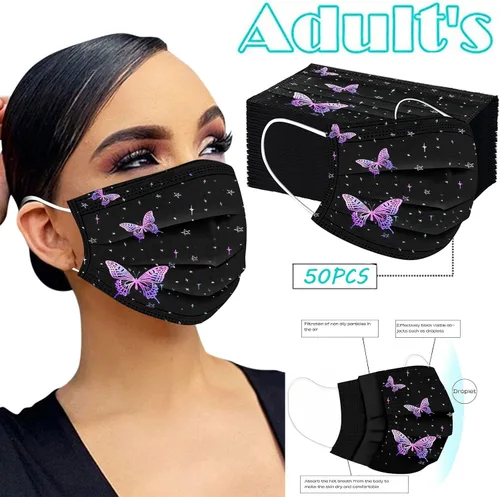 Vista 2 de Paquete de 50 mascarillas de mariposa para adultos, desechables, para mujeres, para el cuidado de la piel, gruesas, 3 capas, transpirable, filtro