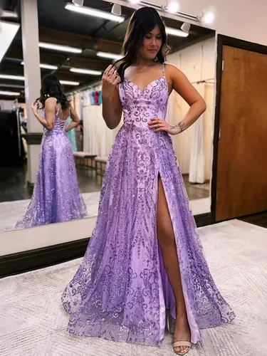 Vista 5 de Alikey Vestidos largos de encaje con lentejuelas y tirantes delgados, vestidos de noche con abertura y hombros descubiertos para mujer