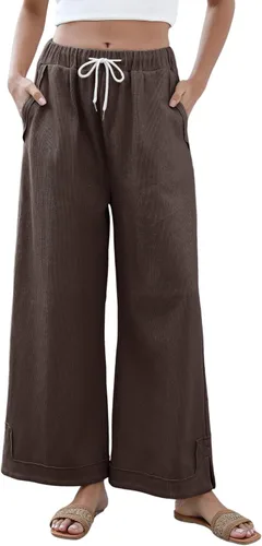 Vista 21 de Athlisan Pantalones Palazzo Holgados de Pierna Ancha para Mujer Casuales Sueltos con Cordón Cintura Elástica Pantalones de Descanso con Bolsillos