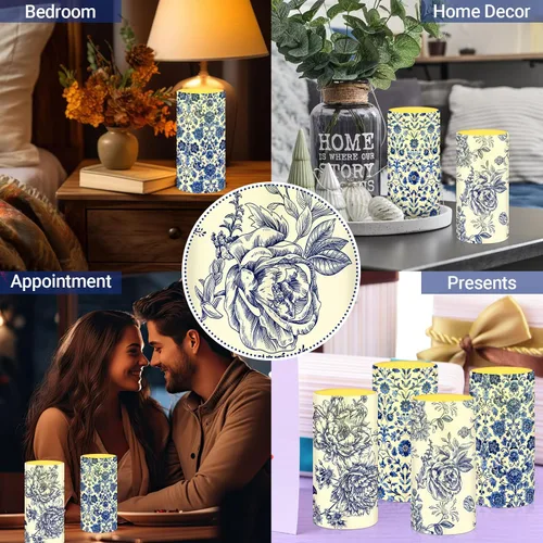 Vista 7 de Tiamon 4 piezas de velas de pilar sin llama estilo Chinoiserie LED, juego de velas de porcelana azul y blanca, operadas por batería, luz cálida