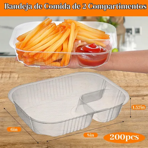 Vista 2 de Paquete de 200 bandejas de nachos de 22 onzas, de plástico de 6 x 8 pulgadas, 2 compartimentos para servir alimentos, bandeja desechable para salsa