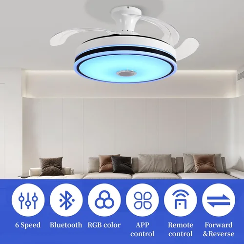 Vista 2 de Ventilador de techo retráctil de 42 pulgadas con luces, ventilador de techo inteligente con altavoz Bluetooth, control de aplicación, cambio