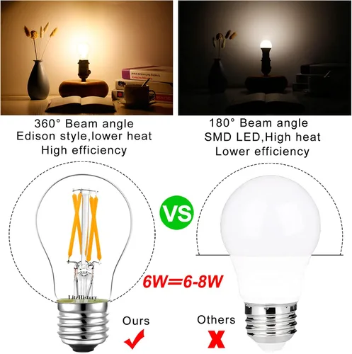 Vista 2 de LiteHistory Bombilla LED E26 equivalente a 6 W, 60 W, no regulable, bombilla LED Edison A15 para ventilador de techo, apliques de pared, nevera