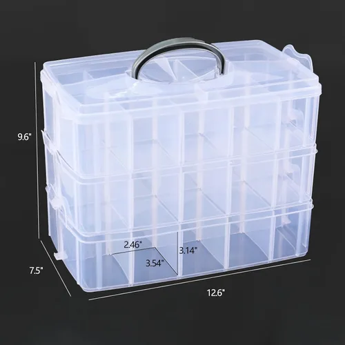 Vista 3 de Caja de almacenamiento apilable de plástico con 30 compartimentos ajustables, 3 niveles, organizadores de manualidades apilables transparentes