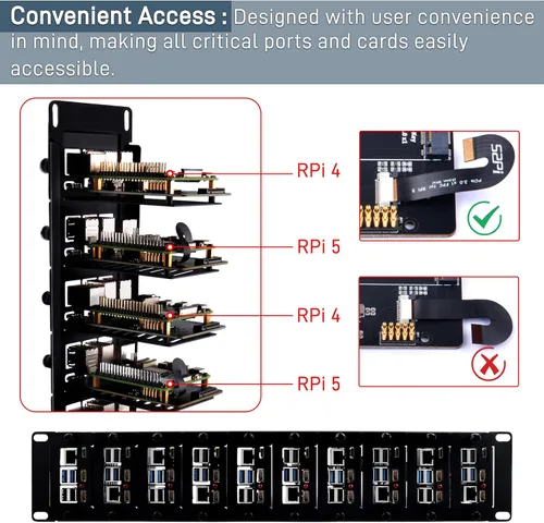 Vista 4 de GeeekPi Soporte de rack de 2U de 19 pulgadas para Raspberry Pi 5, con 10 adaptadores PCIe a M.2 NVMe SSD, compatible con rack de servidores de 19