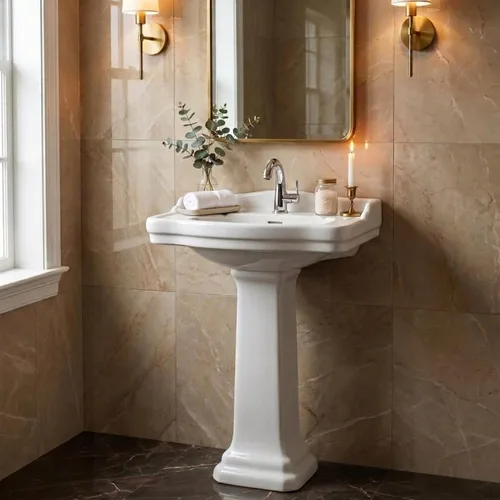 Vista 2 de Fine Fixtures Roosevelt Lavabo de Pedestal para Baño – Lavabo de Pedestal Pequeño de 18 Pulgadas, Cerámica Vítrea China Duradera con Orificio Único