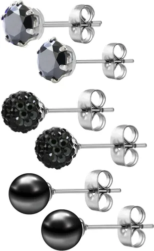 Vista 14 de JewelrieShop - Juego de aretes de tuerca de acero inoxidable con circonitas cúbicas y perlas de imitación, 3 pares de 0.236 in