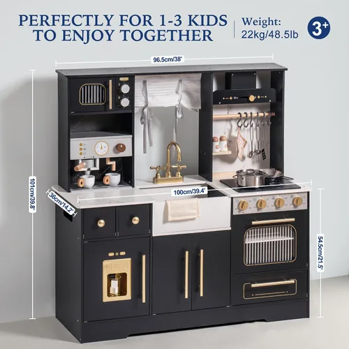 Vista 8 de ROBOTIME Juego de cocina de madera para niños, juego de cocina para niños pequeños con máquina de hielo y cafetera, juguete de cocina realista