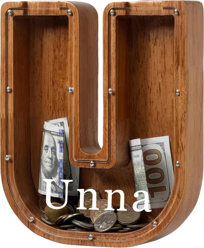 Vista 43 de Alcancía para niños y niñas, alcancía de madera con letra grande del alfabeto con inicial A, banco de monedas, regalos divertidos para cumpleaños