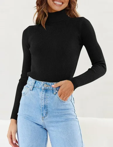 Vista 9 de ZESICA Camisas de punto de manga larga con cuello alto para mujer, camisetas básicas de otoño, suéter acanalado ajustado y ajustado