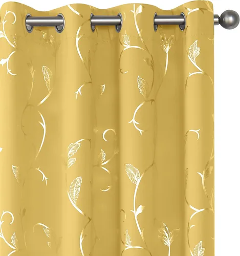 Vista 104 de BUHUA Juego de 2 paneles de cortinas opacas con estampado de vid plateada, cortinas con aislamiento térmico para oscurecer la habitación