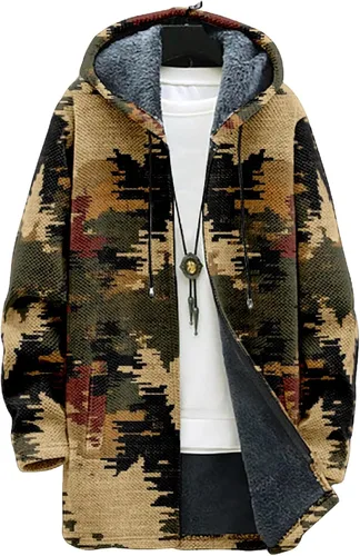 Vista 27 de Chaqueta de forro polar con capucha para hombre, con estampado azteca, de algodón pesado, con cremallera, manga larga, chaqueta con capucha