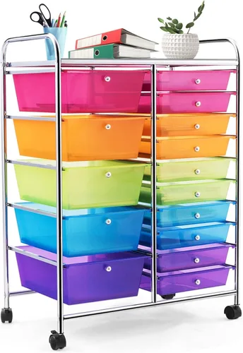 Vista 20 de LUARANE - Carrito rodante con 15 cajones, carrito de almacenamiento para manualidades con asas portátiles y ruedas con cerradura, organizador