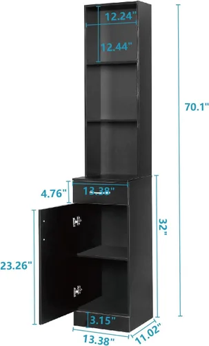 Vista 3 de BNSPLY Armario alto de baño, gabinete estrecho de lino delgado con estantes abiertos de 3 niveles y cajón, torre de lino independiente para baño