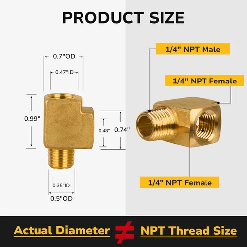 Vista 2 de 1/4" NPT Hembra × 1/4" NPT macho × 1/4" NPT Hembra Tee, tubería de latón, Barstock Street Tee 3 vías para aire, propano, LP y gas natural, 1200 PSI