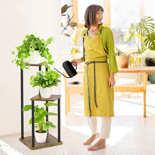 Vista 7 de Oppro Soporte para plantas de 3 niveles para interiores, soporte de esquina de metal de madera escalonada, soporte para macetas, estante de madera