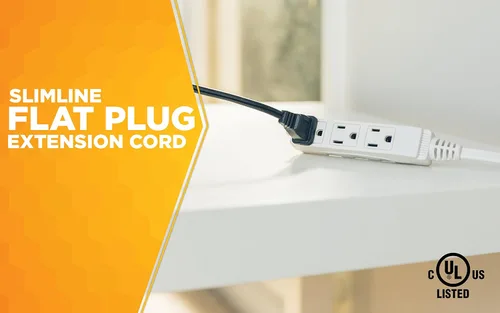 Vista 2 de Woods SlimLine Cable de extensión plano para interiores, 8 pies, enchufe de ángulo recto calibre 16, 3 tomas polarizadas, 125 voltios, blanco, 2241
