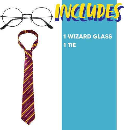 Vista 3 de JOYIN - Juego de lentes de mago de Halloween y corbata, accesorios de disfraz de mago, longitud regular, corbata roja clásica y lentes circulares
