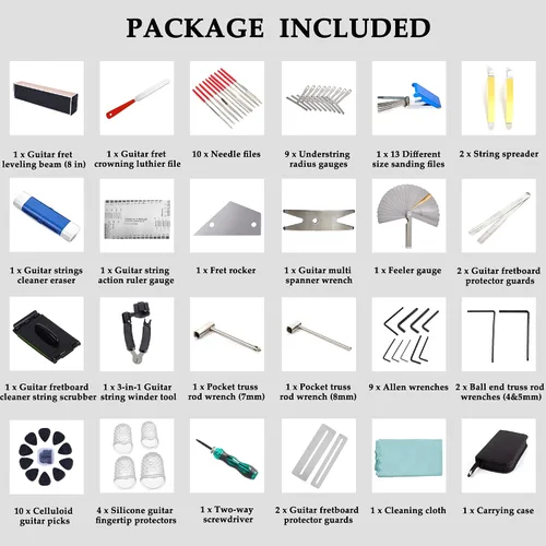 Vista 2 de Kit de herramientas de mantenimiento de reparación de guitarra de 65 piezas, kit de configuración de guitarra, accesorios de cuidado de limpieza