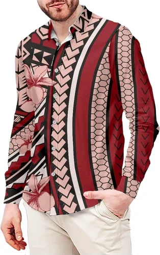 Vista 8 de Camisetas polinesias de manga larga para hombre para hombre, diseño floral de plantas tropicales, camisa con botones en la parte superior