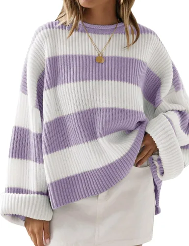 Vista 52 de ZESICA Suéter tejido sin botones de manga larga y cuello redondo, a rayas, bloques de color, cómodo, holgado, talla extragrande para mujer de 2024