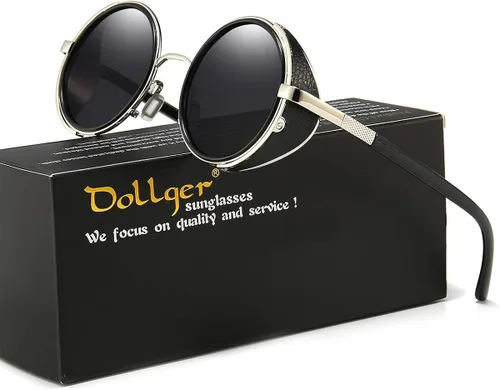 Vista 6 de Dollger Steampunk - Gafas de sol redondas retro vintage con marco circular de metal Negro