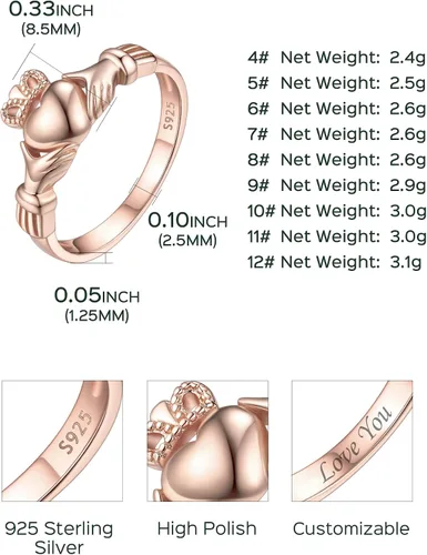 Vista 5 de ChicSilver Anillo Claddagh con nudo celta, plata de ley 925, anillos irlandeses 03. Claddagh-oro rosa