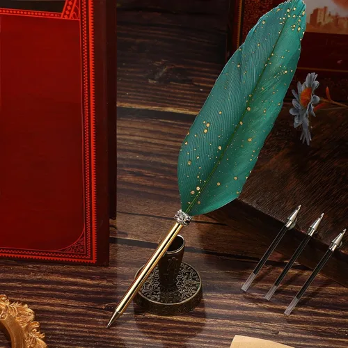 Vista 4 de Bolígrafo de plumas y soporte de bolígrafo de metal vintage, tinta negra, pluma de plumas vintage con 5 piezas de repuesto para boda, firma