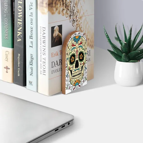 Vista 3 de Sujetalibros decorativos de madera con diseño de calavera de azúcar mexicana para estantes, habitación de los niños, escritorio, oficina en casa