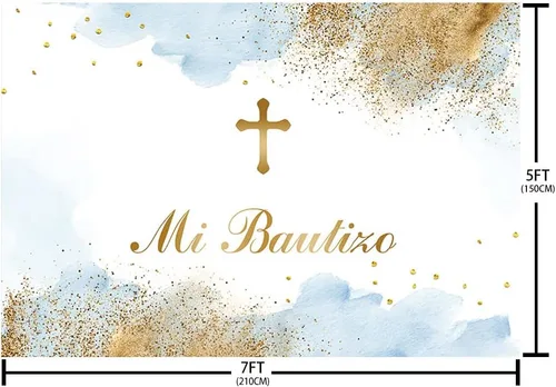 Vista 5 de Sendy Telón de fondo de 7 x 5 pies, decoración de fiesta de bautismo mexicano, Dios bendiga al niño, primera comunión, nubes de acuarela azul, fondo