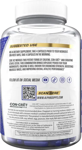Vista 4 de Alpha Supps Cre X2 creatina HCL - Fórmula de creatina CON-CRēT® y mezcla de éster etílico CEE - Alta potencia para un mejor rendimiento y apoyo
