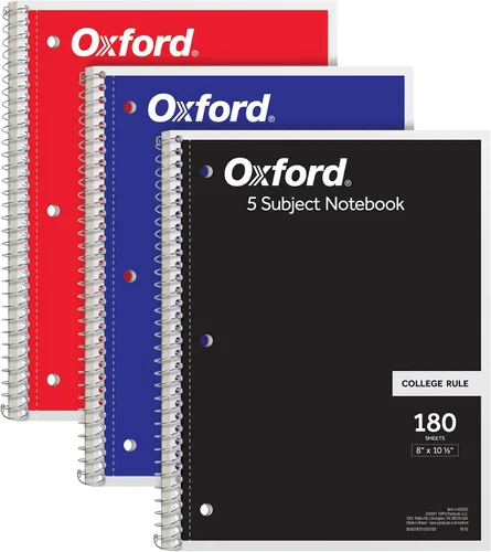 Vista 8 de Oxford Cuadernos de espiral, paquete de 3, 5 materias, cuadernos con rayas universitarias para la escuela, 8 x 10.5 pulgadas, 180 hojas, 4