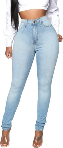 Vista 18 de KUNMI - Pantalones de mezclilla clásicos de cintura alta para mujer, elásticos, con efecto de levantamiento de glúteos, ajustados