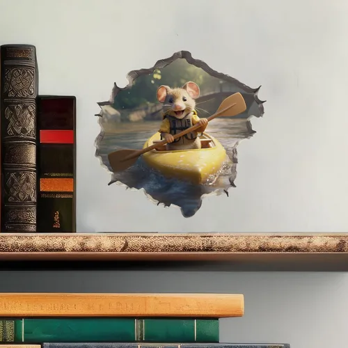 Vista 2 de Adhesivo de pared 3D con agujero de ratón en kayak