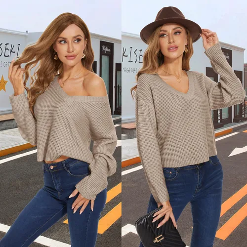 Vista 5 de Jumppmile Suéter corto de manga larga con cuello en V para mujer