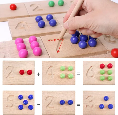 Vista 3 de Juego de tablas de seguimiento de números de madera, juguete de conteo de cuentas de matemáticas Montessori para niños pequeños, aprendizaje