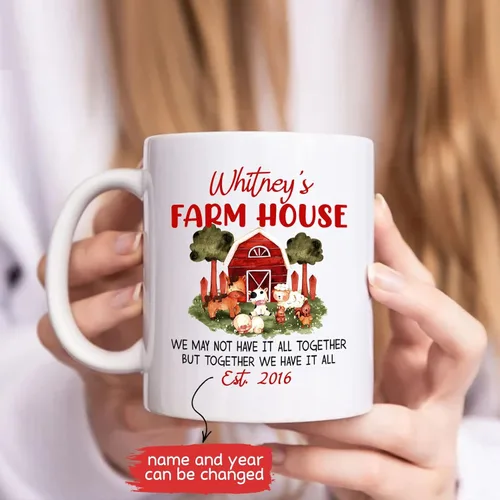 Vista 2 de Taza blanca personalizada de agricultura, tazas con texto en inglés "Farm House We May Not Have It All Togather", divertidas tazas de café agrícolas