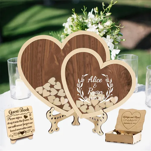 Vista 17 de Libro alternativo de corazón personalizado para libro de invitados con 30 a 100 corazones de madera, caja de madera personalizada para decoración