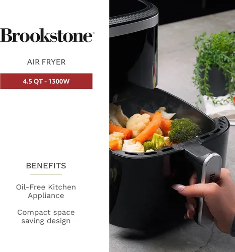 Vista 9 de Freidora de aire Brookstone – 4.5 QT, freidora de gran capacidad de 1300W con pantalla LED, 8 ajustes preestablecidos, temperatura ajustable