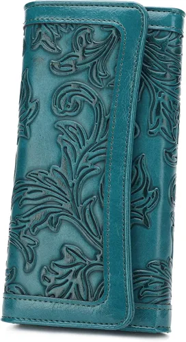 Vista 51 de MEITRUE Cartera de cuero para mujer, con bloqueo RFID, triple pliegue, con relieve, soporte para tarjetas, organizador de chequera para teléfono