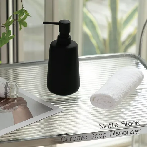 Vista 5 de Dispensador de jabón de cerámica negro mate, dispensador recargable de encimera de baño o cocina de 13 onzas con revestimiento de goma suave al tacto