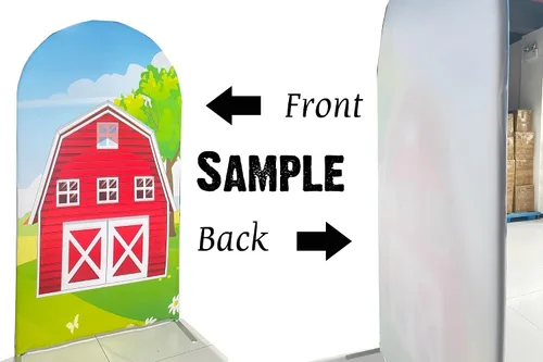 Vista 4 de Telón de fondo de arco Chiara, fundas elásticas de tela de elastano para puerta de granja para cumpleaños, baby shower, decoración de fiesta