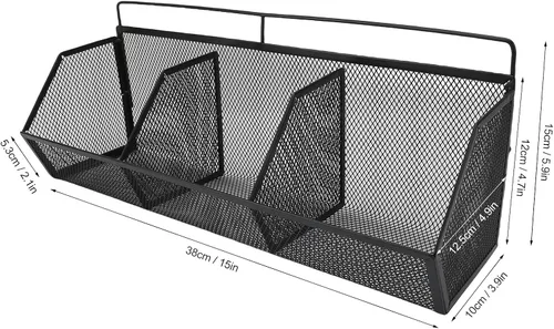 Vista 4 de Cesta de alambre de metal, 3 rejillas para colgar en la pared, organizador de almacenamiento de apertura inclinada para cocina, baño, lavandería