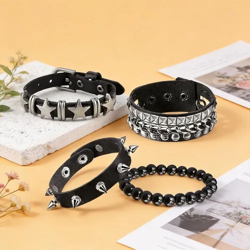 Vista 6 de Juego de 4 pulseras punk rock con tachuelas, pulseras de cuero para hombres y mujeres, pulseras con pinchos y accesorios emogóticos para fiestas