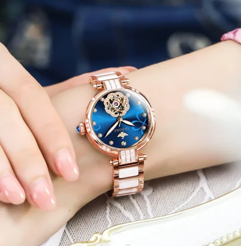 Vista 8 de OUPINKE Relojes automáticos para mujer, con diamantes elegantes, de vestir, de esqueleto, mecánico, cuerda automática, impermeable, luminoso