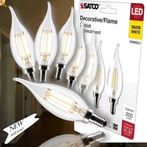Vista 2 de Satco Bombillas LED transparentes para candelabros, 3 W, tipo CA10, blanco suave, 2700 K, 200 L, base de vela E12, regulables para comedor, lámpara