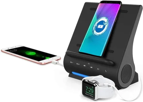 Vista 2 de Cargador inalámbrico de carga rápida, altavoces Bluetooth premium, estación de acoplamiento con micrófono integrado, llamada manos libres, estación
