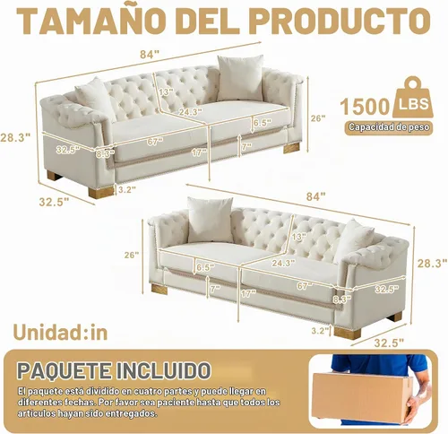 Vista 2 de Chesterfield - Juego de 2 sofás combinados de terciopelo de 3 plazas, 4 cojines clásicos de 6.5 pulgadas, brazo enrollado moderno adecuado para sala